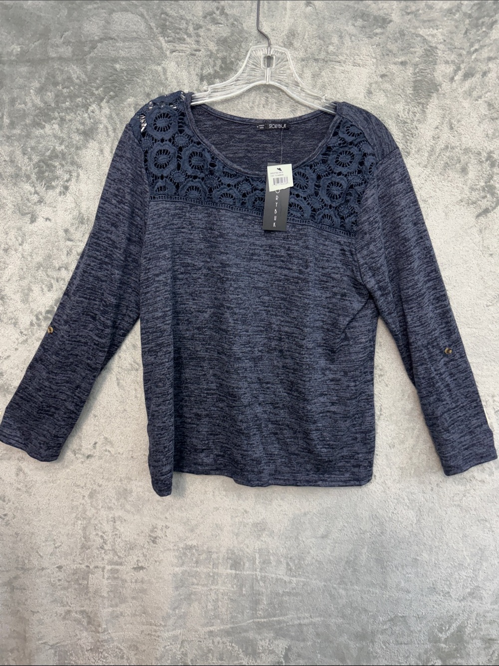 Storybuk Med Women's Navy Crochet Yoke Long Sleeve Knit Top soft NEW